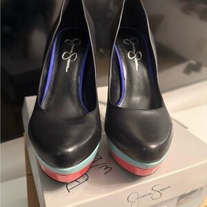 Jessica Simpson Black Platform Pumps with Mint and Coral Soles
